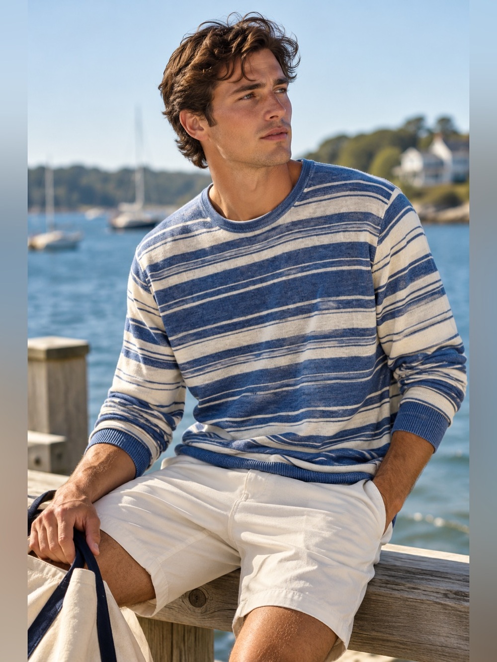 Scotch & Soda Ams Couture Mens Linen Cotton Striped Knit Sweater Medium Blue